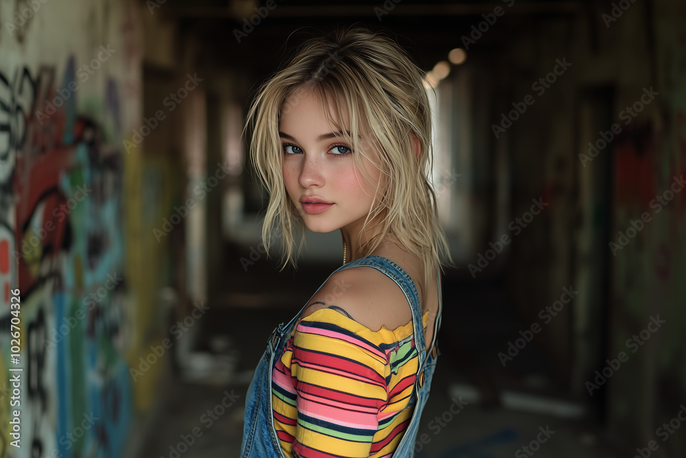 Fototapeta premium A young woman stands in a building with graffiti on the walls.