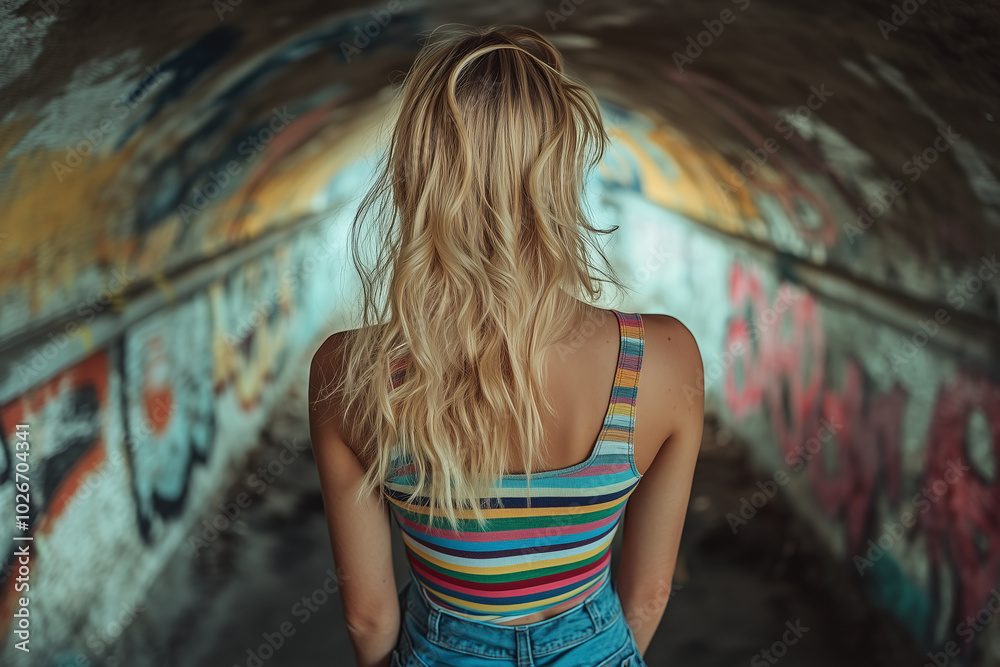Fototapeta premium A young woman stands in a building with graffiti on the walls.