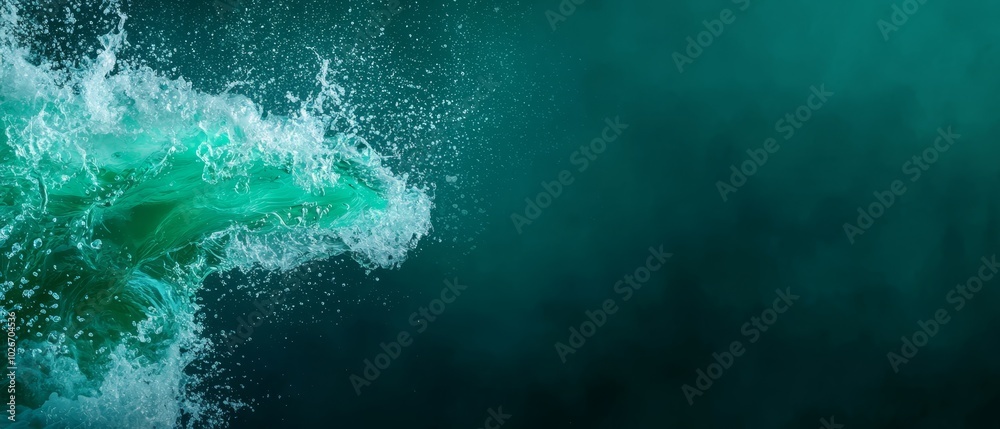 A vast green wave in the ocean, with water splashing at its crest and base A vast green wave in the ocean, with water splashing at its crest and base