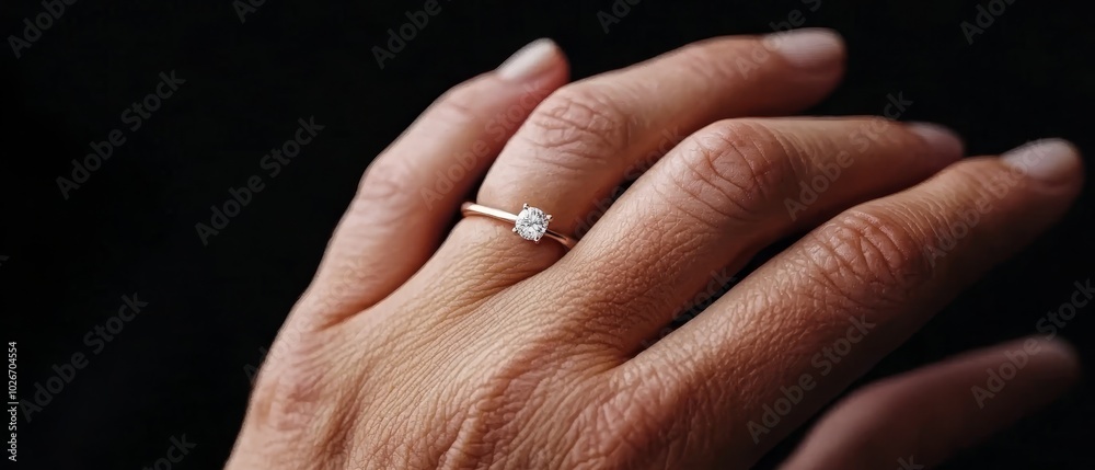 A hand with a diamond ring against a black backdrop A hand with a diamond ring against a black backdrop