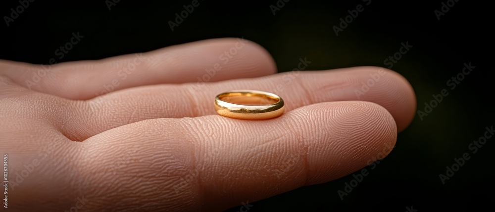 A tight shot of a hand against black backdrop, adorned with a gold wedding band A tight shot of a hand against black backdrop, adorned with a gold wedding band
