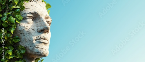  A tight shot of a man's statuesque face with verdant leaves sprouting from its side