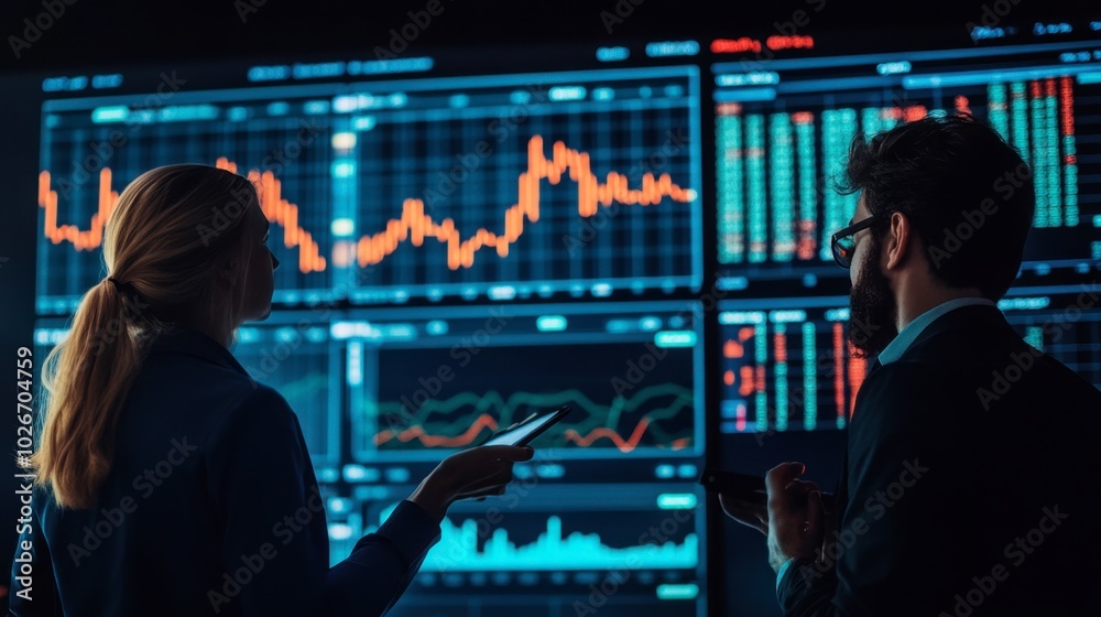 Fototapeta premium Financial analysts discussing market trends with a large screen showing stock prices and graphs behind them.