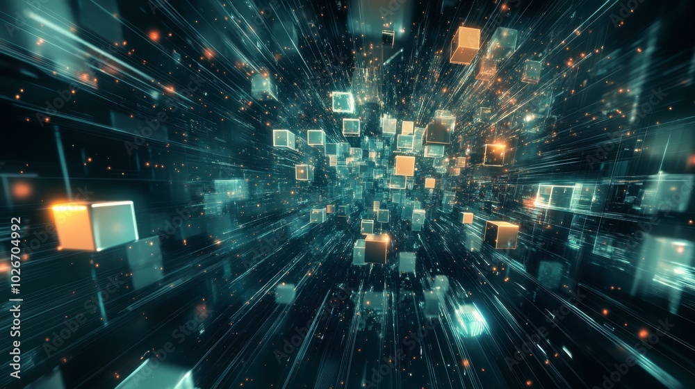 Obraz premium Floating cubes and digital particles moving through a dark, abstract space.