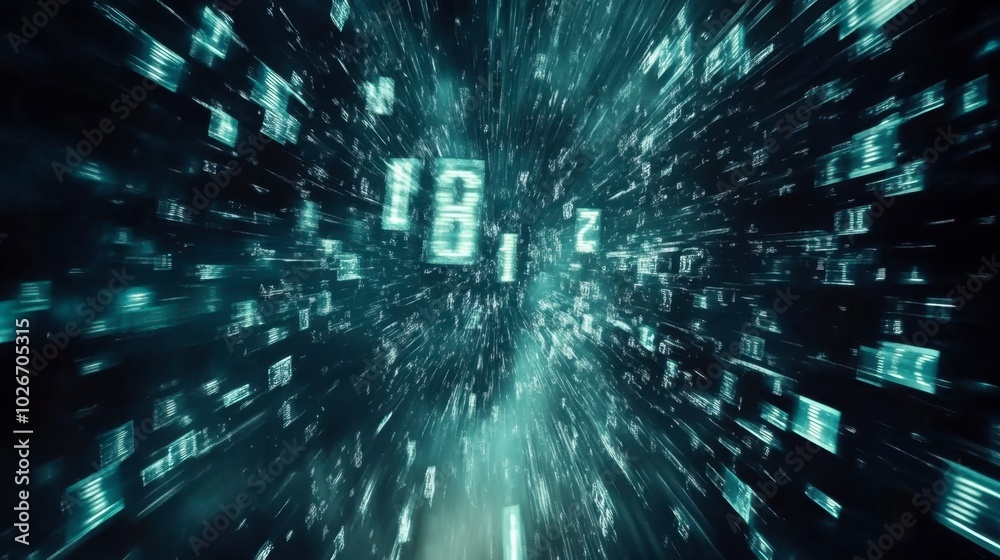 Futuristic digital numbers and codes flying through a dark background. Futuristic digital numbers and codes flying through a dark background.