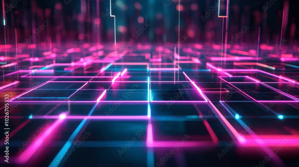 Futuristic grid of glowing neon squares and lines, fading into a dark background. Futuristic grid of glowing neon squares and lines, fading into a dark background.
