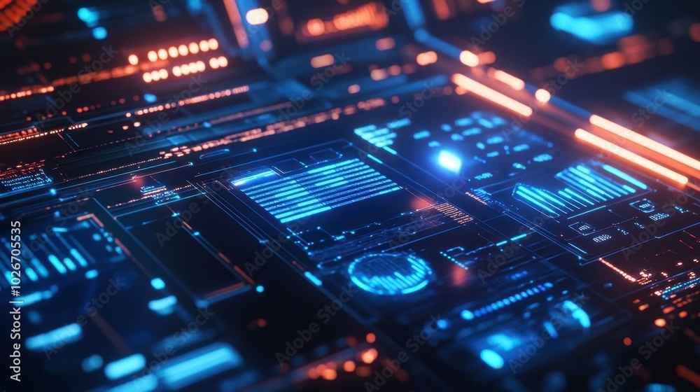 Futuristic HUD display with holographic graphs and data points in bright blue. Futuristic HUD display with holographic graphs and data points in bright blue.