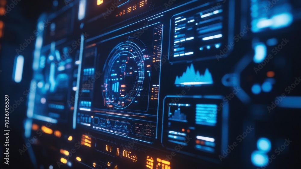Futuristic HUD display with holographic graphs and data points in bright blue. Futuristic HUD display with holographic graphs and data points in bright blue.
