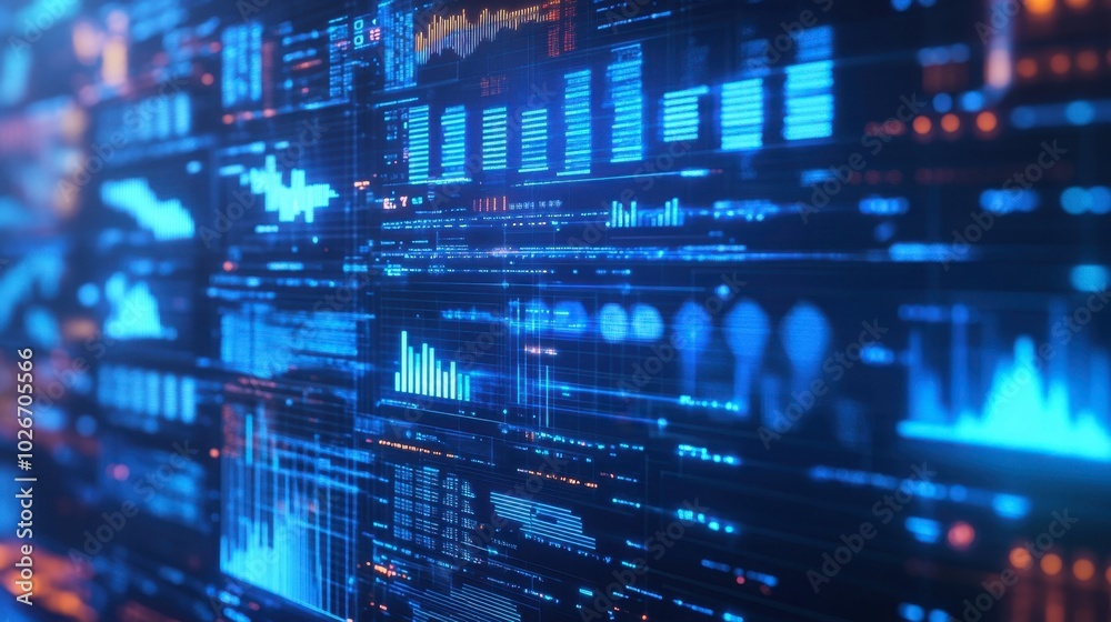 Futuristic HUD display with holographic graphs and data points in bright blue. Futuristic HUD display with holographic graphs and data points in bright blue.
