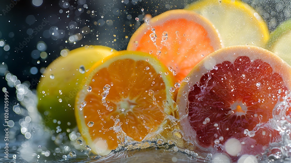A colorful citrus sprays into shining liquid making a vibrant A colorful citrus sprays into shining liquid making a vibrant
