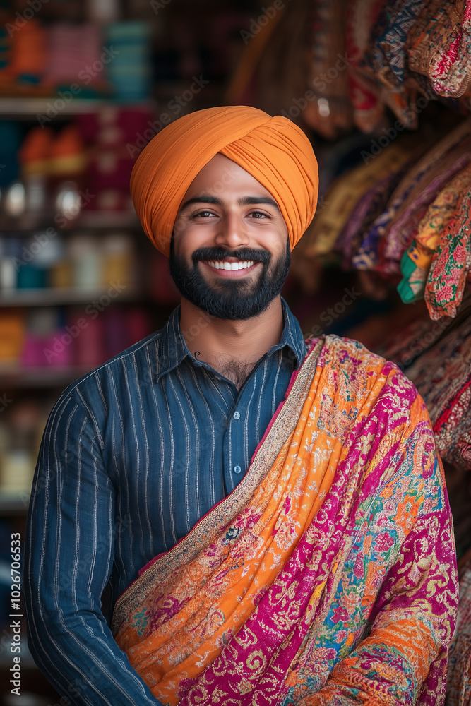 Sikh man looking at camera with confidence in a fabric shop. Sikh man looking at camera with confidence in a fabric shop.