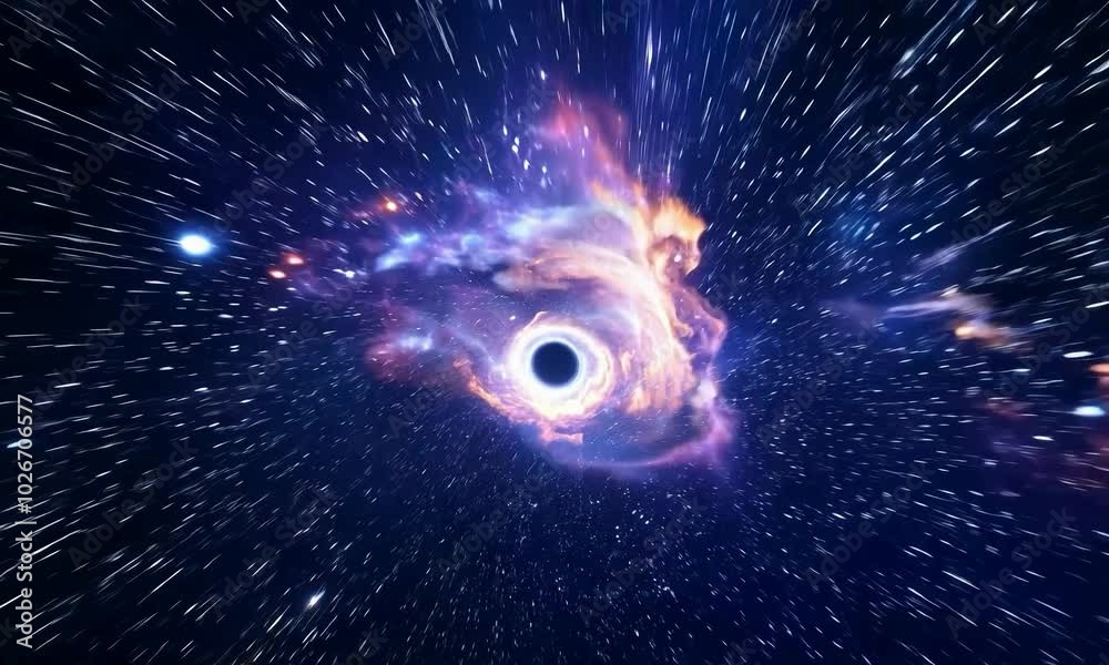 Tracking shot with time warp effect: The camera starts by focusing on a time warp effect near a massive star or black hole, then tracks through the warped space to reveal the effect on the surrounding