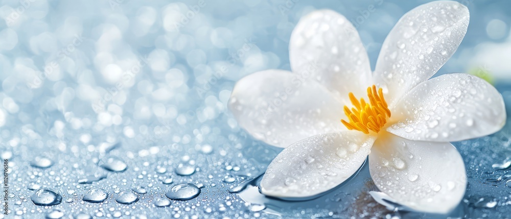 A white flower atop a blue table, dotted with raindrops and encircled by additional drops A white flower atop a blue table, dotted with raindrops and encircled by additional drops