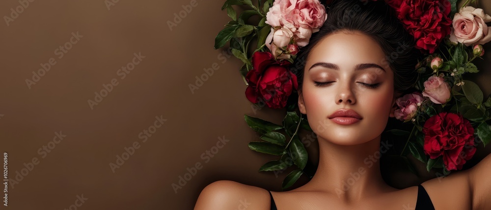 A woman with flowers on her head and a wreath of roses - closed eyes A woman with flowers on her head and a wreath of roses - closed eyes