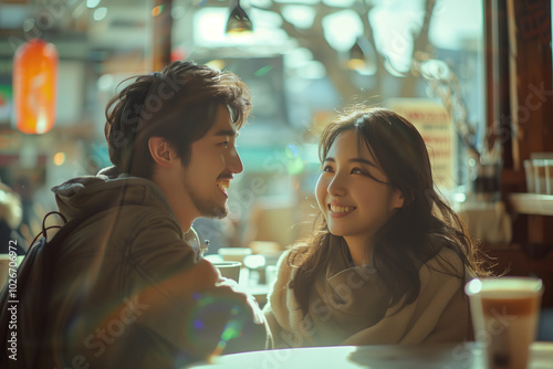 Wallpaper Mural Asian man and woman couple talking in cafe. Torontodigital.ca