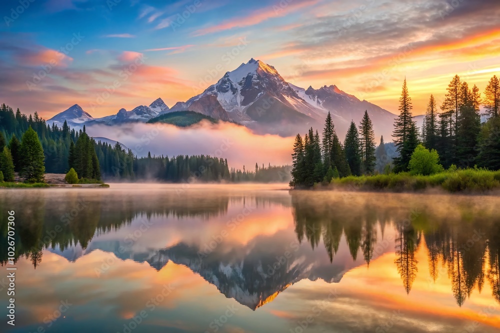 Serene Sunrise Landscape with Mountains and Reflective Lake: A Tranquil Nature Scene for Minimalist Photography Serene Sunrise Landscape with Mountains and Reflective Lake: A Tranquil Nature Scene for Minimalist Photography