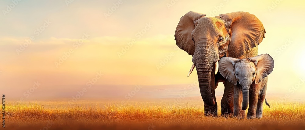 Fototapeta premium Two elephants stand side by side on a green, sun-lit field