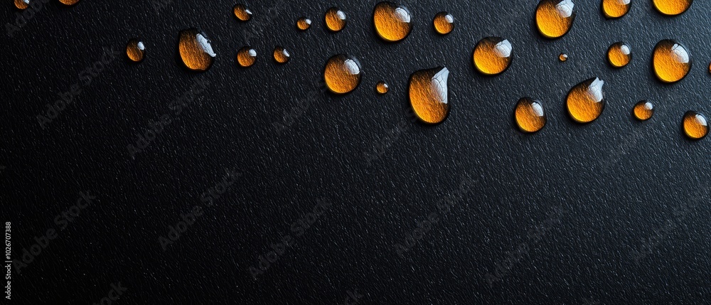 A black surface holds an assemblage of orange and white droplets, each with a white line dividing its middle A black surface holds an assemblage of orange and white droplets, each with a white line dividing its middle
