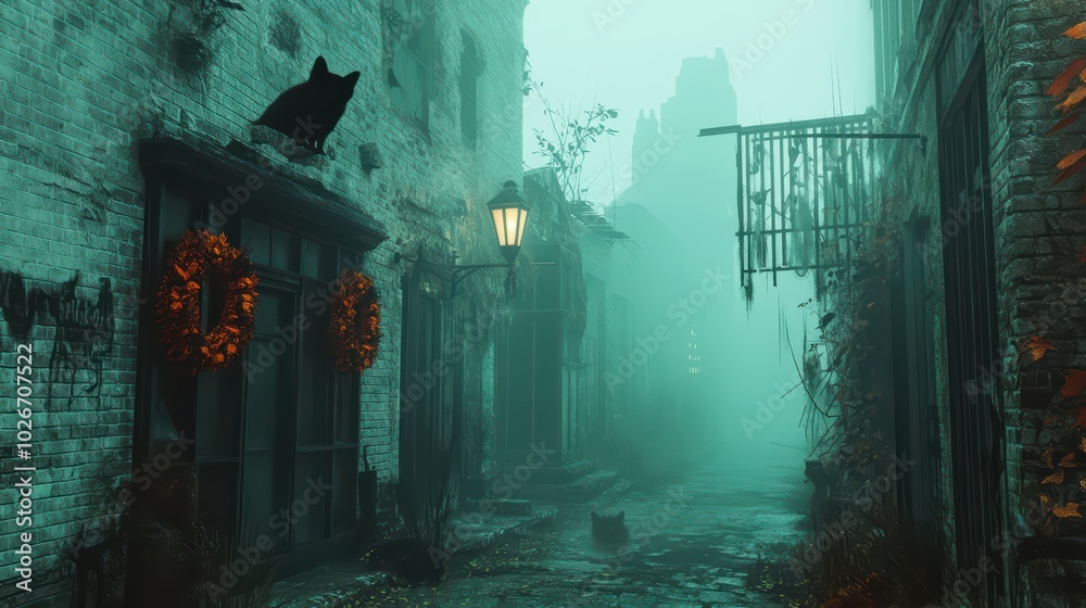 An abandoned city block covered in a thick blanket of mist. An abandoned city block covered in a thick blanket of mist.