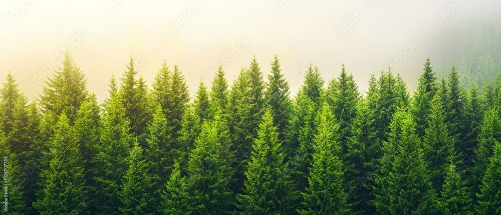 Fototapeta premium A foggy forest's row of evergreens, sun shining through in the foreground
