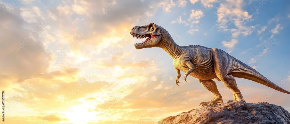 Fototapeta premium A dinosaur atop a rock, mouth agape, as sun sets in the sky