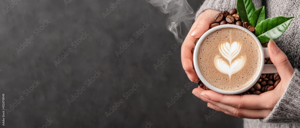 Person holding a cup above coffee beans pile, steaming with smoke Person holding a cup above coffee beans pile, steaming with smoke