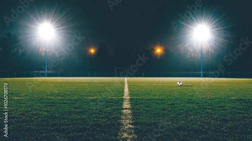 A Single Soccer Ball on a Dark, Lit Field at Night photo