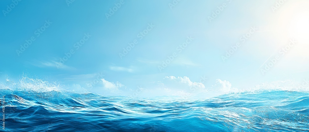 Fototapeta premium A large body of water with a bright blue sky, sun shining overhead, and a boat in the foreground