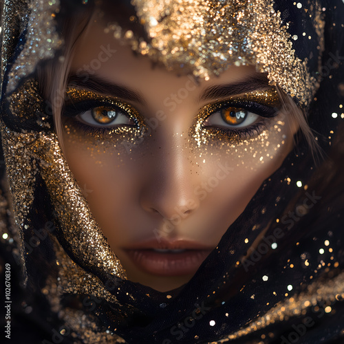 Amber-eyed Middle Eastern woman, dark hair, features encircled by intricate gold fabric.