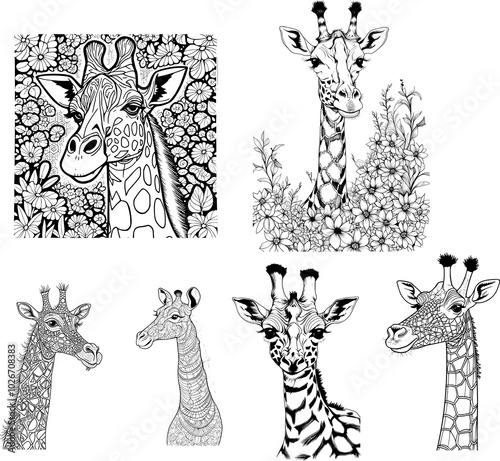 Giraffe Illustration Vectors set  for Coloring Book: Whimsical Designs Featuring Giraffe Figurines and Tallest Animals