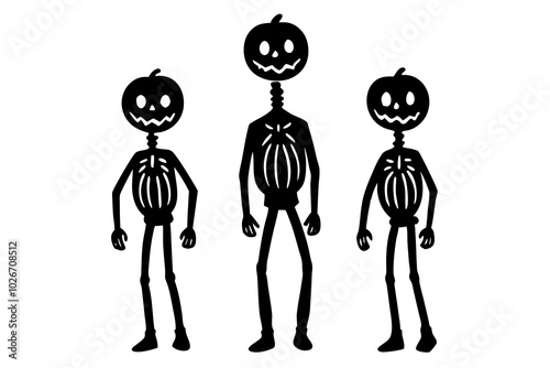 Set of human Skeletons with Pumpkin head. Hand drawn modern Vector illustration. Isolated design elements. Poster, print template. Cute creepy characters. Halloween, spooky, horror, holiday concept