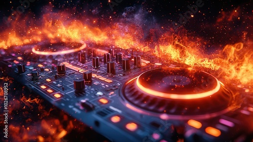 A captivating image of a DJ mixer with vibrant flames and swirling smoke, showcasing a high-energy atmosphere perfect for electronic music enthusiasts.