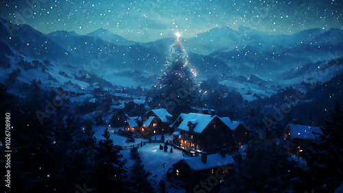 異世界のクリスマスツリーのある村の風景　AI画像　ジェネレーティブAI