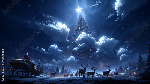 異世界のクリスマスツリーのある村の風景　AI画像　ジェネレーティブAI