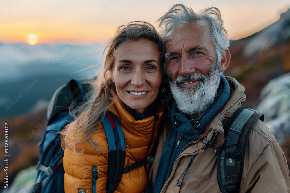 Senior Caucasian couple traveling together in nature, mountain climbing Senior Caucasian couple traveling together in nature, mountain climbing