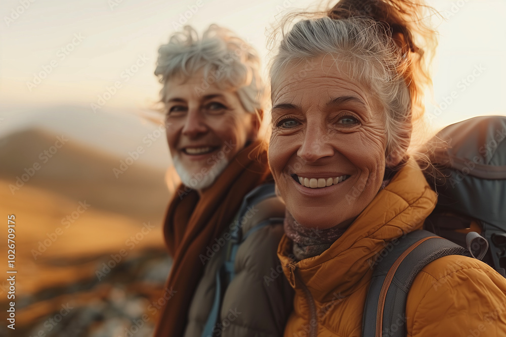 Senior Caucasian couple traveling together in nature, mountain climbing