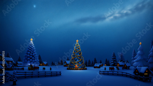異世界のクリスマスツリーのある村の風景　AI画像　ジェネレーティブAI