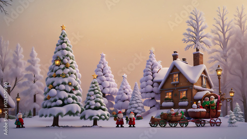 異世界のクリスマスツリーのある村の風景　AI画像　ジェネレーティブAI