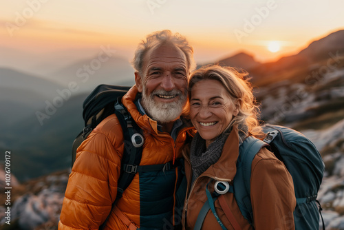 Senior Caucasian couple traveling together in nature, mountain climbing