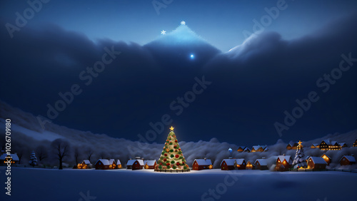 異世界のクリスマスツリーのある村の風景　AI画像　ジェネレーティブAI
