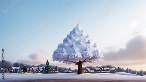 異世界のクリスマスツリーのある村の風景　AI画像　ジェネレーティブAI