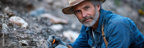 An elderly Caucasian male archaeologist is digging for artifacts at a work site. photo