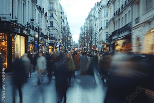 Fototapeta Naklejka Na Ścianę i Meble -  Crowd walking down busy shopping street in paris at dusk