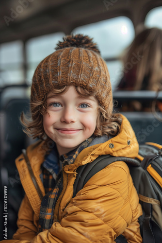 Caucasian boy sitting on a school bus, bus travel