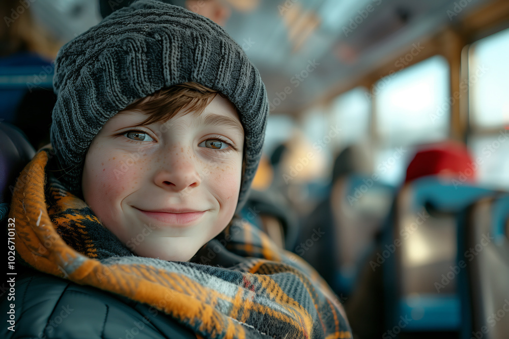Caucasian boy sitting on a school bus, bus travel Caucasian boy sitting on a school bus, bus travel