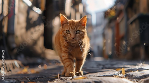 Fototapeta Naklejka Na Ścianę i Meble -  A cute orange cat in the transformation streets