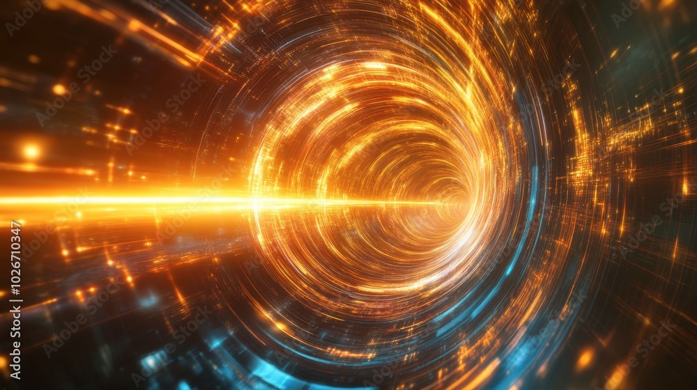 Neon light streaks and particles swirling around, creating a digital energy vortex.