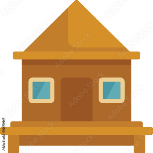 Simple vector illustration of a bungalow with windows reflecting the sky, representing concepts such as simple living, vacation, and tropical destinations