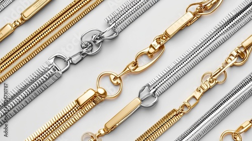 A set of silver and golden zippers with realistic pulls, showcasing metal platinum fasteners ideal for apparel. This collection features a variety of clothing garment components, accessories