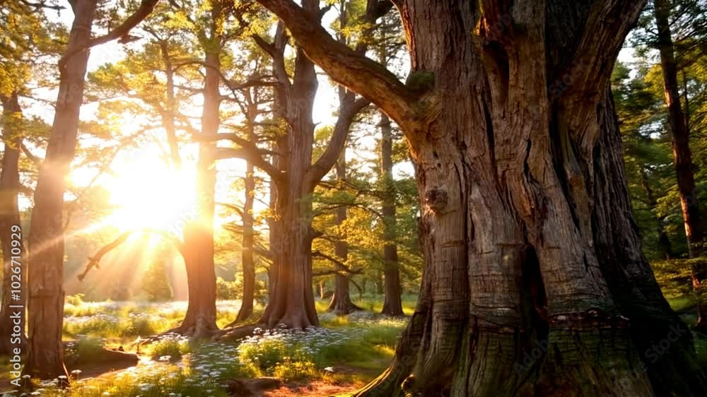 Large tree in a park during golden hour with sunbeams. Large tree in a park during golden hour with sunbeams.